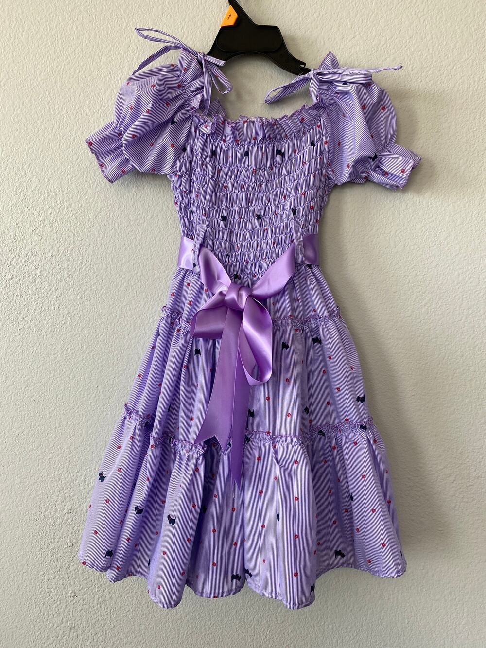Girls Size 4 Purple Striped Scottie Dog Smocked Puff Sleeve Dress Bow Novelty